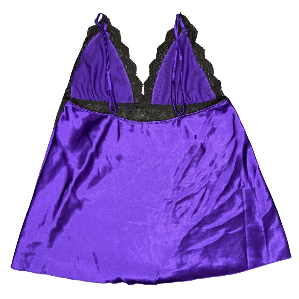 Seven 'til Midnight Royal Purple Satin Black Lace Bow Babydoll L - Picture 2 of 6
